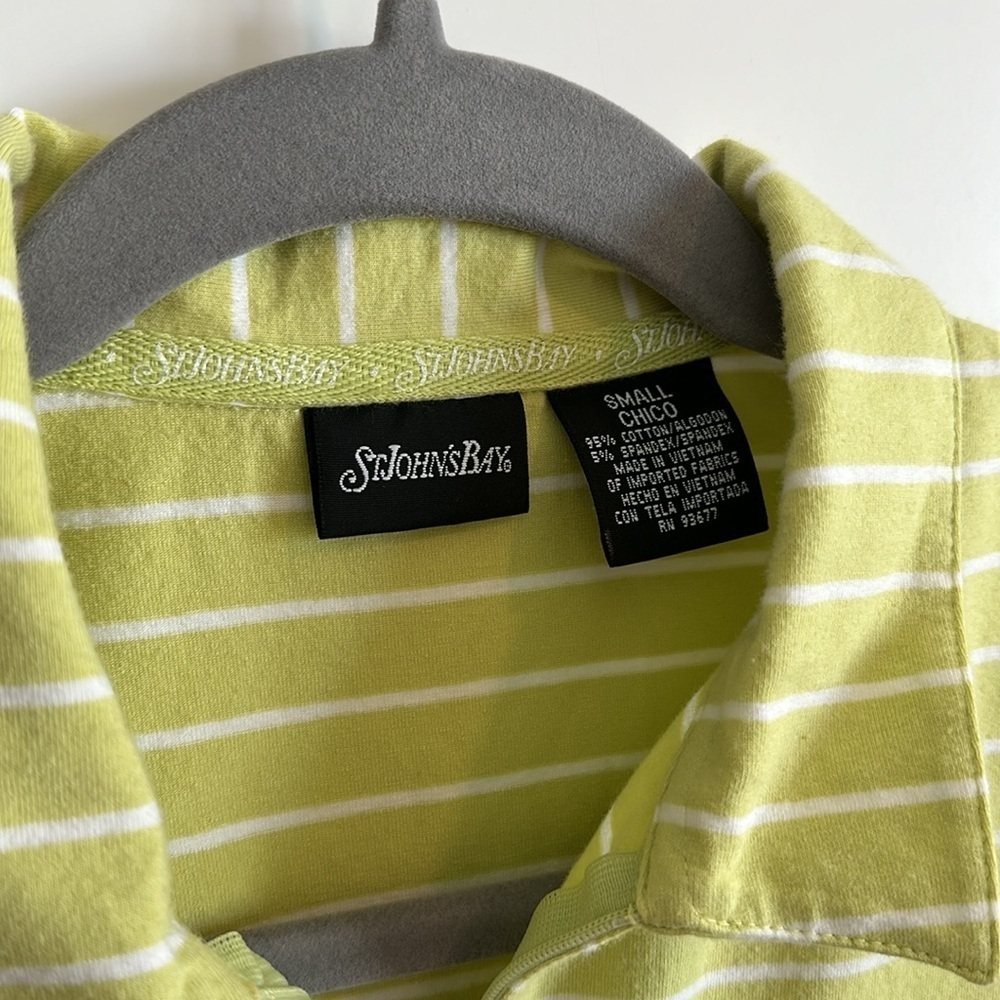 St. John's Bay Women's S Zip Neck Polo Tee Shirt Lime Green White Stripe Preppy - Picture 2 of 15